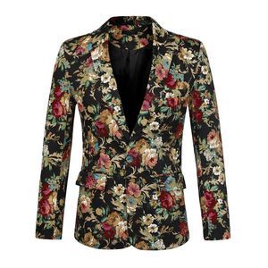Suit Blazer Slim Fit Floral Printed One Button Prom Jacket Sport Coat Golden